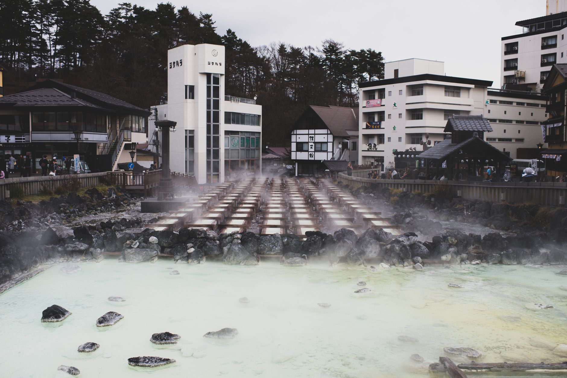 Traditional Japanese wooden ryokan hot spring bath looking into peaceful moss garden
