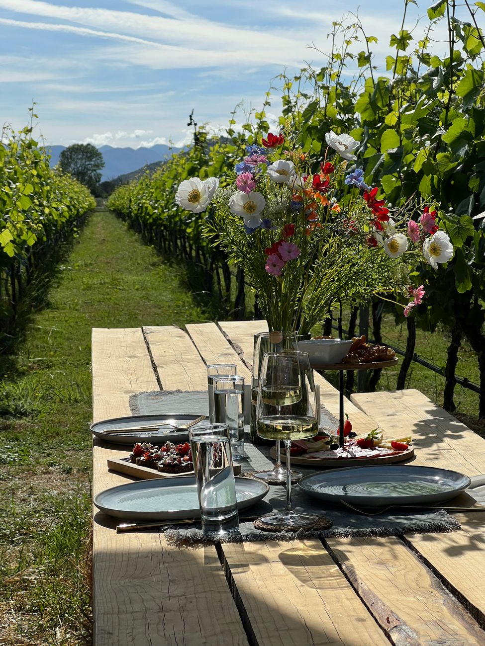 Intimate outdoor culinary table setting in rustic vineyard courtyard